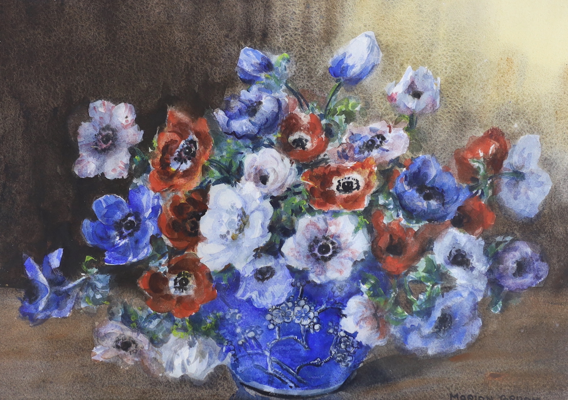 Marion L. Broom (1878-1962) watercolour, Still life of flowers in a jar, signed, together with an oil on canvas in the style of George Boyle, Cattle in a landscape, unsigned, largest 55 x 37cm